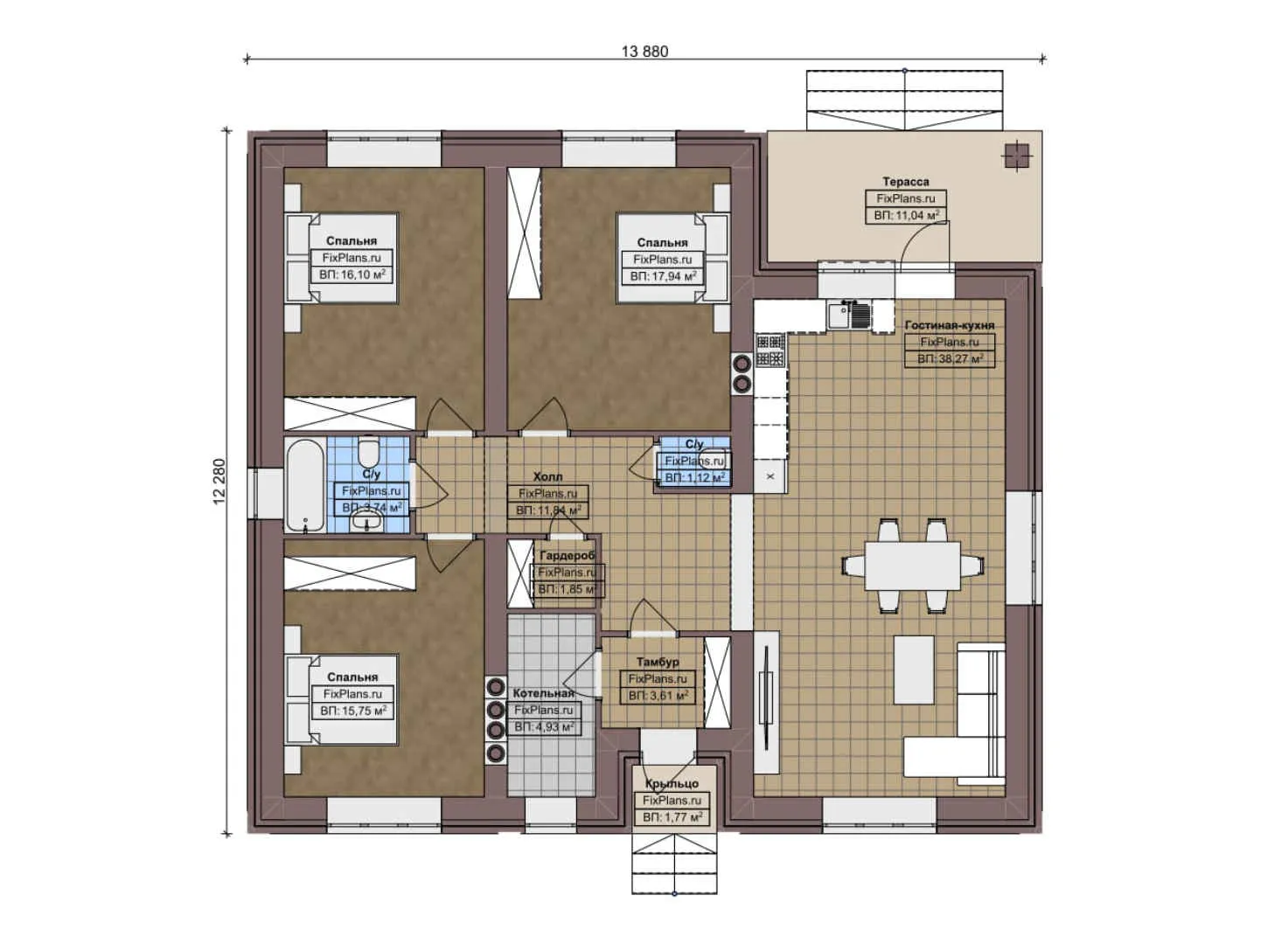 F-7541 - План одноэтажного дома 13 на 14, площадью 130 м² с террасой и 3 спальнями