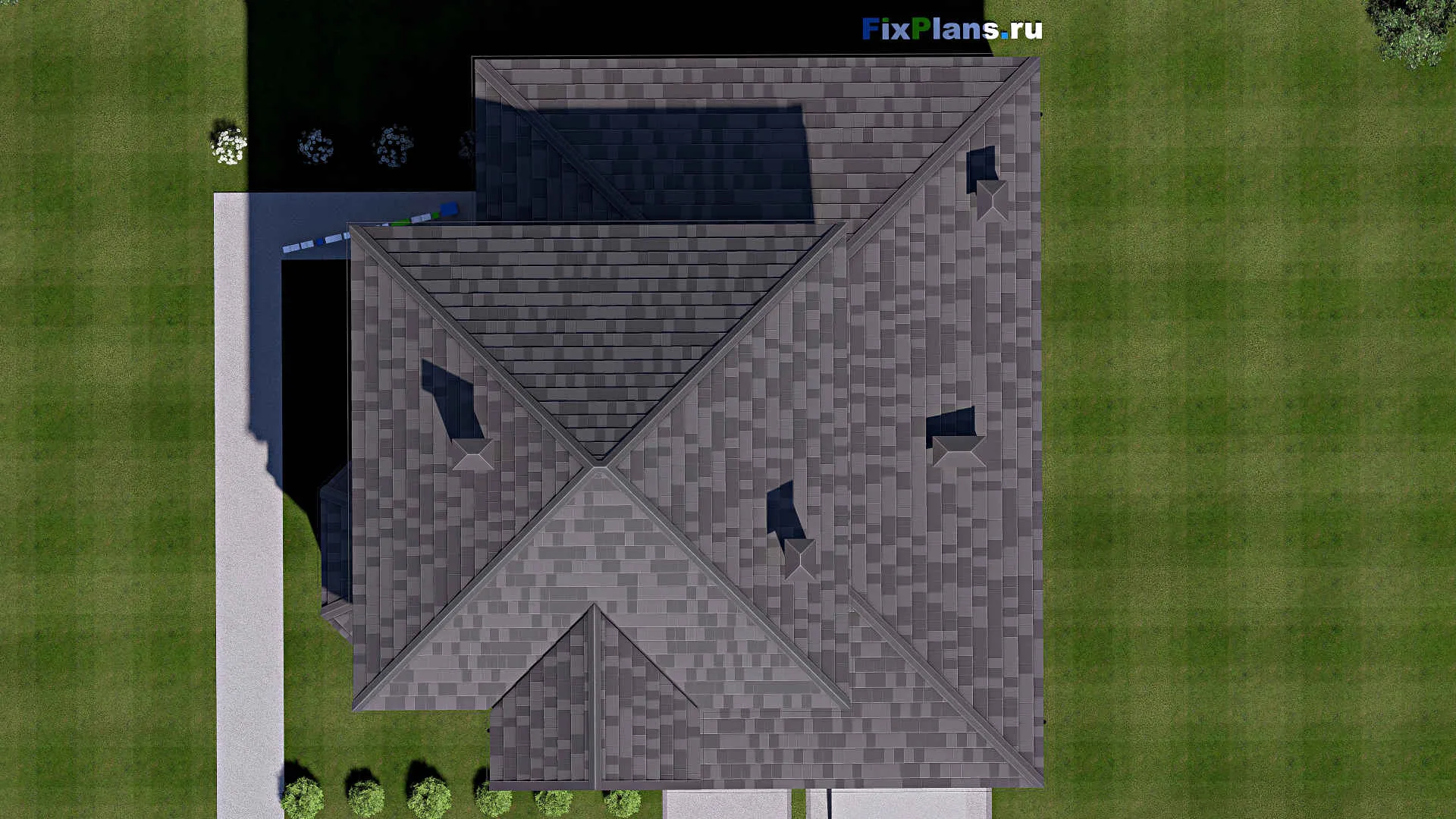 F-12635 - Проект двухэтажного дома 15 на 15, площадью 220 м² с террасой, баней, гаражом на 1 машину и 4 спальнями