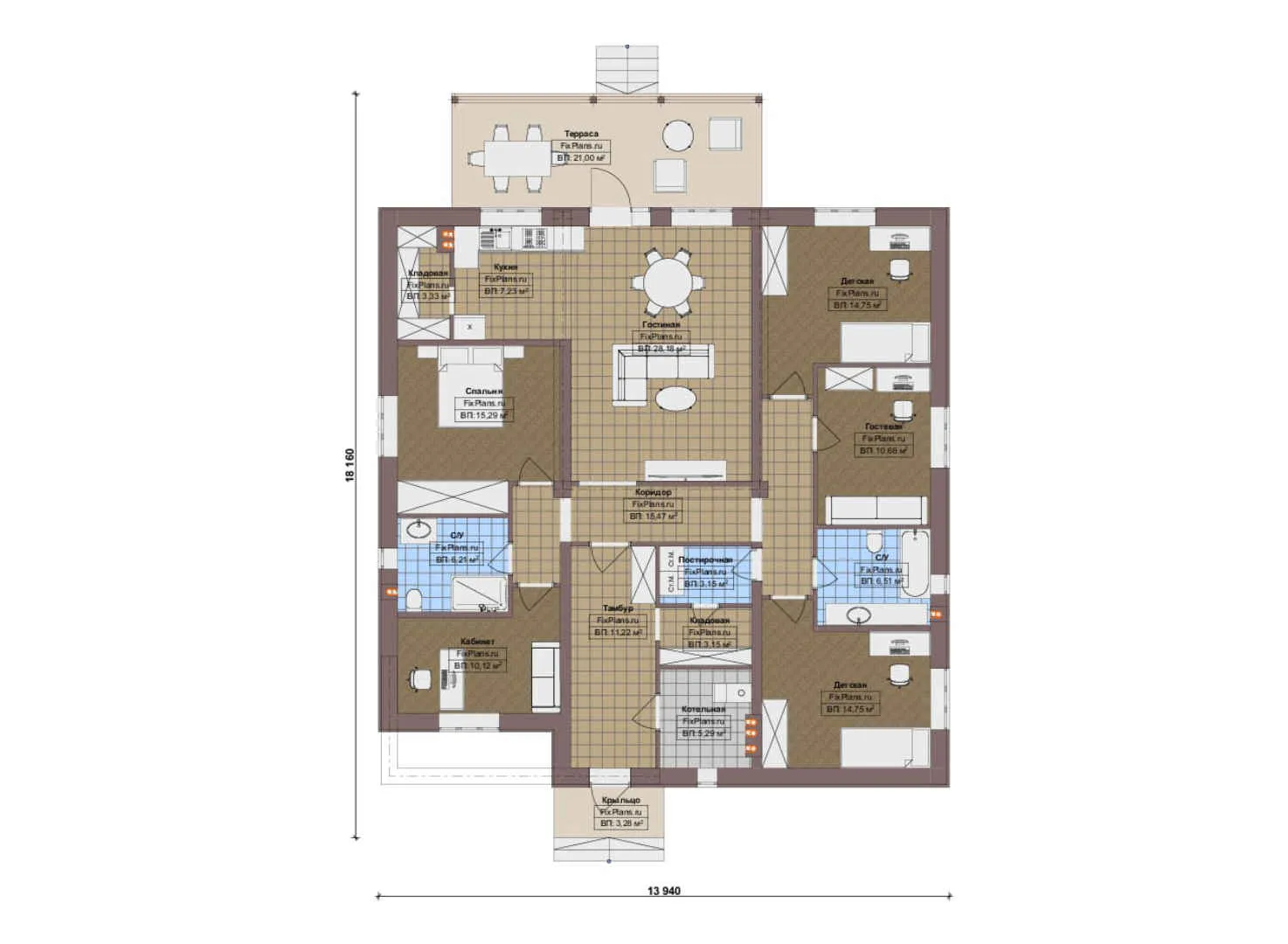 F-20708 - План одноэтажного дома 14 на 19, площадью 180 м² с террасой и 1 спальнями