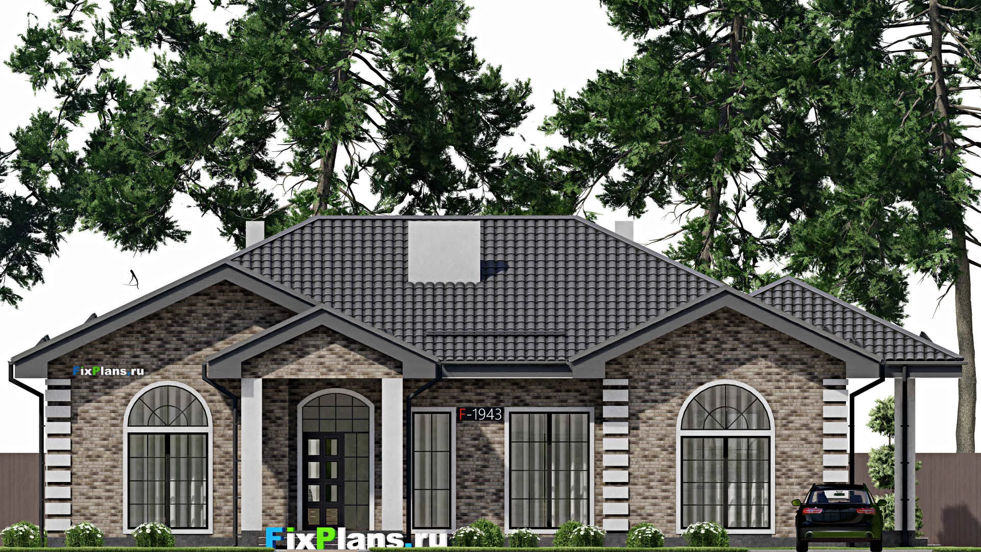 F-1943 - Проект одноэтажного дома 14 на 18, площадью 200 м² с террасой и 4 спальнями
