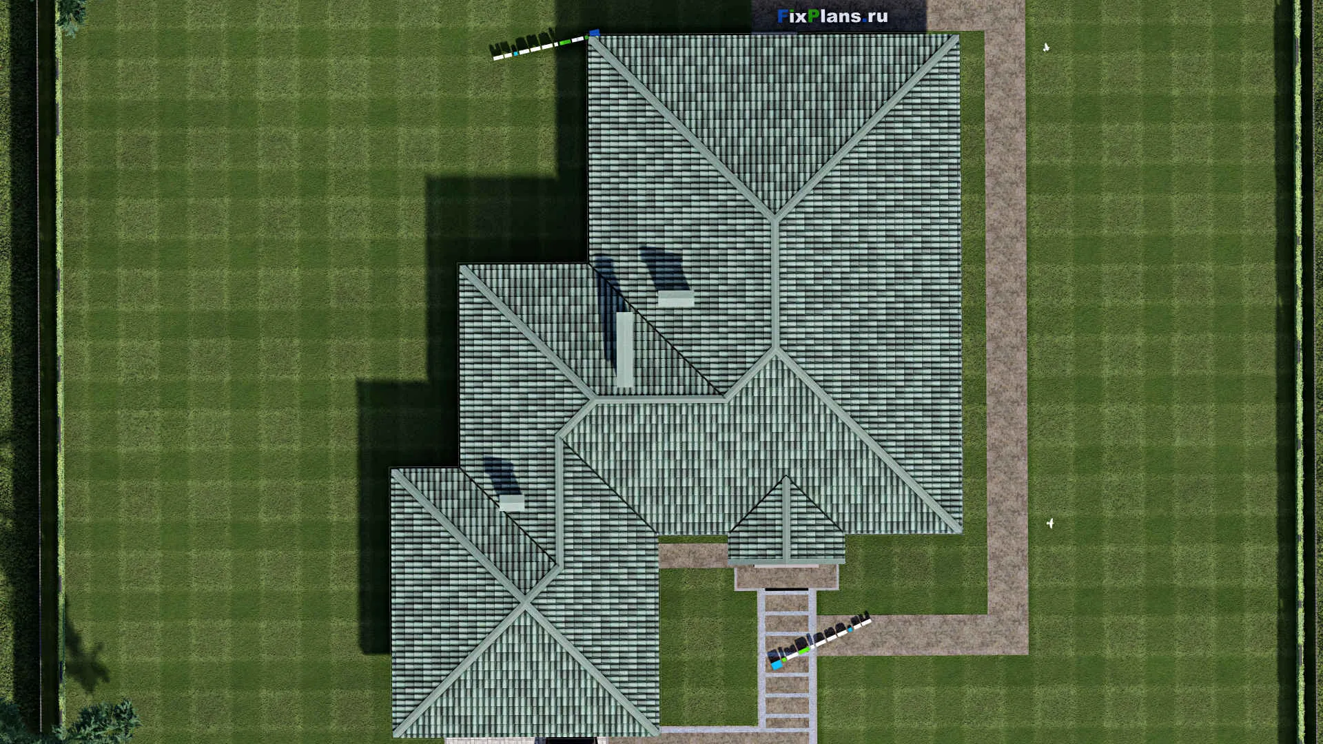 F-0962 - План одноэтажного дома 20 на 24, площадью 250 м² с террасой, гаражом на 2 машины и 3 спальнями