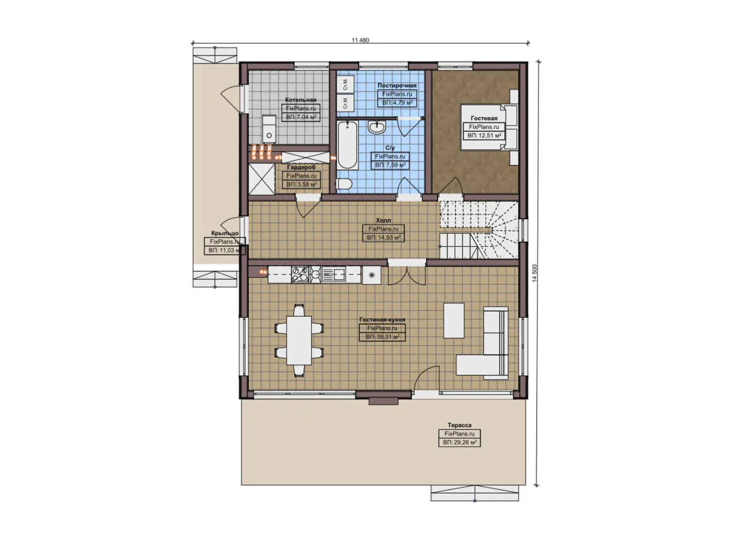 F-9674 - Планы дома с мансардой 12 на 15, площадью 230 м² с террасой, балконом и 4 спальнями