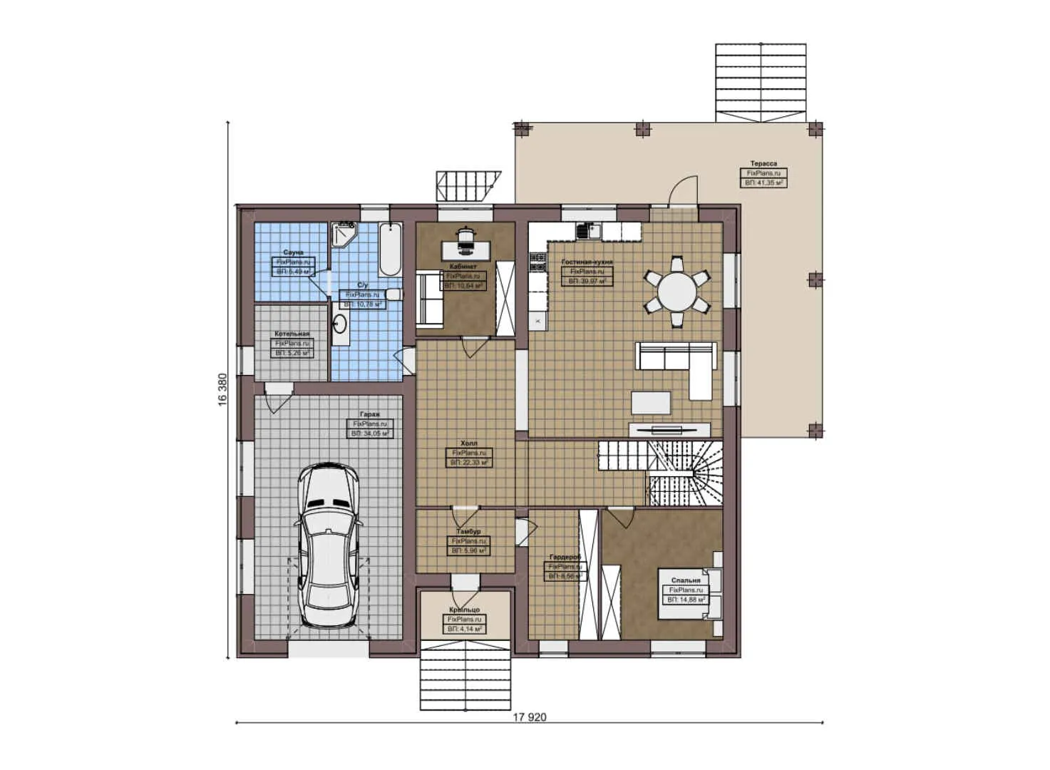 F-3086 - Планы двухэтажного дома 17 на 18, площадью 410 м² с террасой, цокольным этажом, баней, гаражом на 1 машину и 5 спальнями