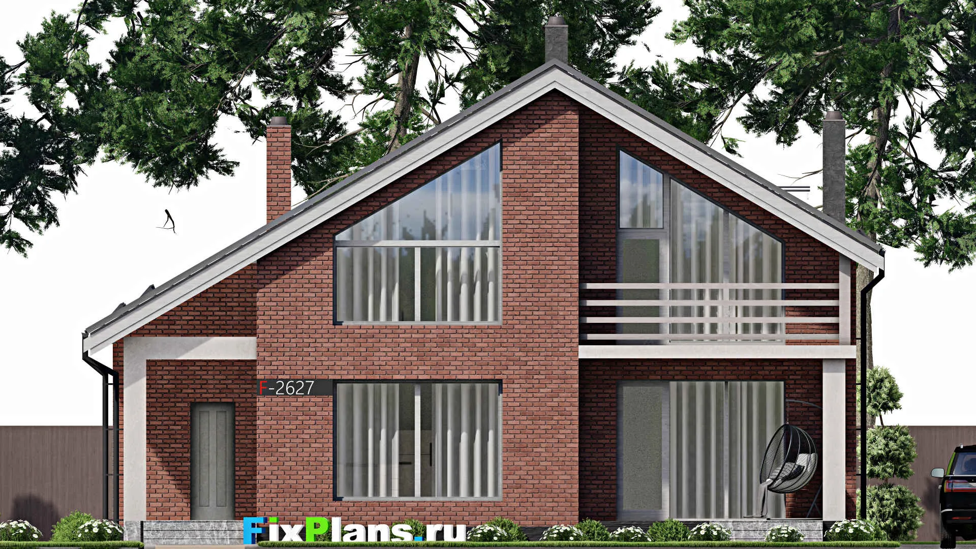 F-2627 - Планы дома с мансардой 11 на 14, площадью 190 м² с террасой, балконом, баней и 3 спальнями