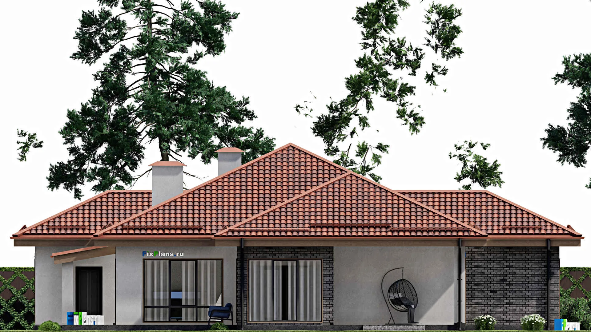 F-8180 - Проект одноэтажного дома 19 на 20, площадью 300 м² с террасой и 4 спальнями