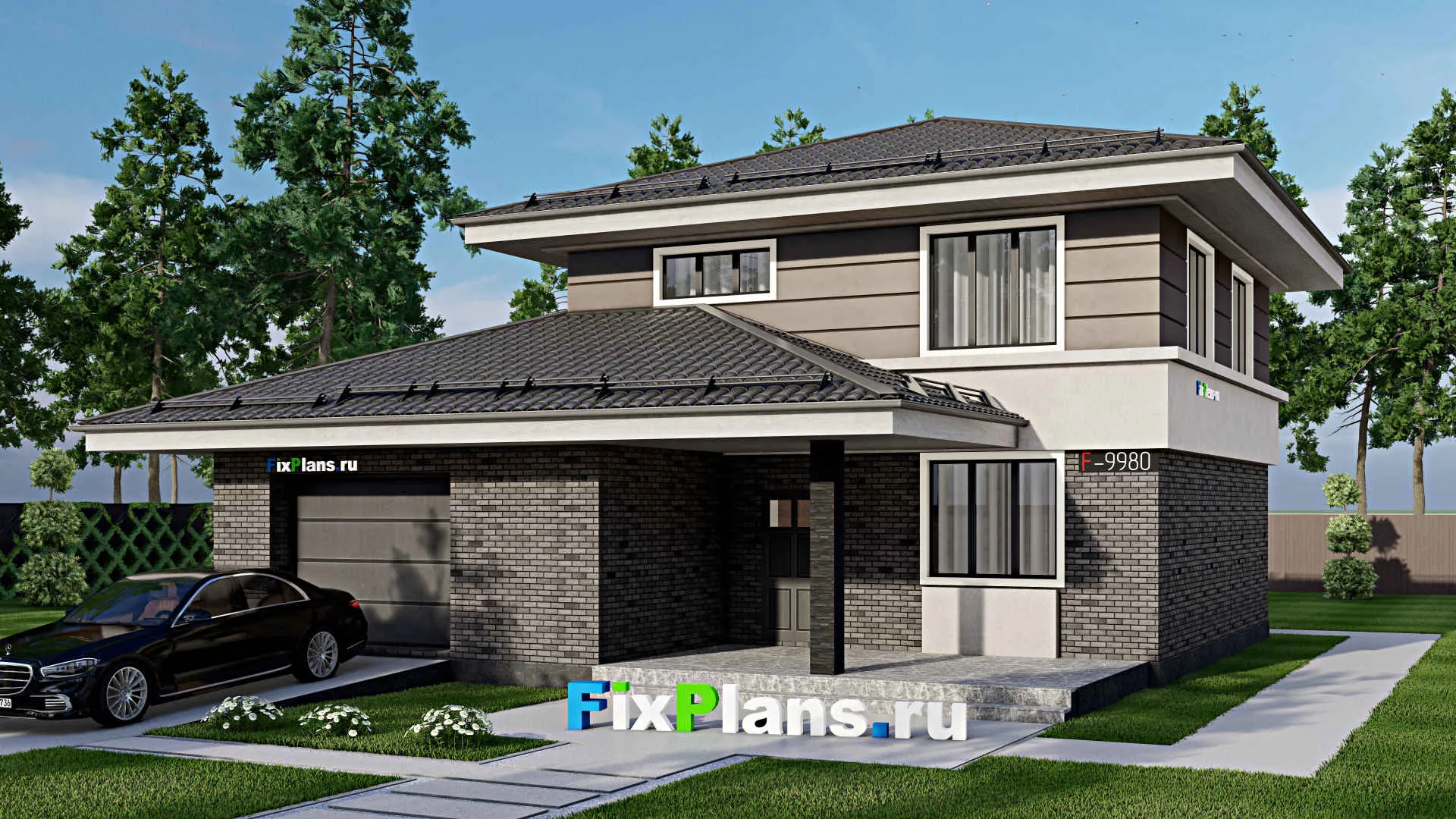 F-9980 - Проект двухэтажного дома 13 на 13, площадью 250 м² с гаражом на 1 машину и 5 спальнями