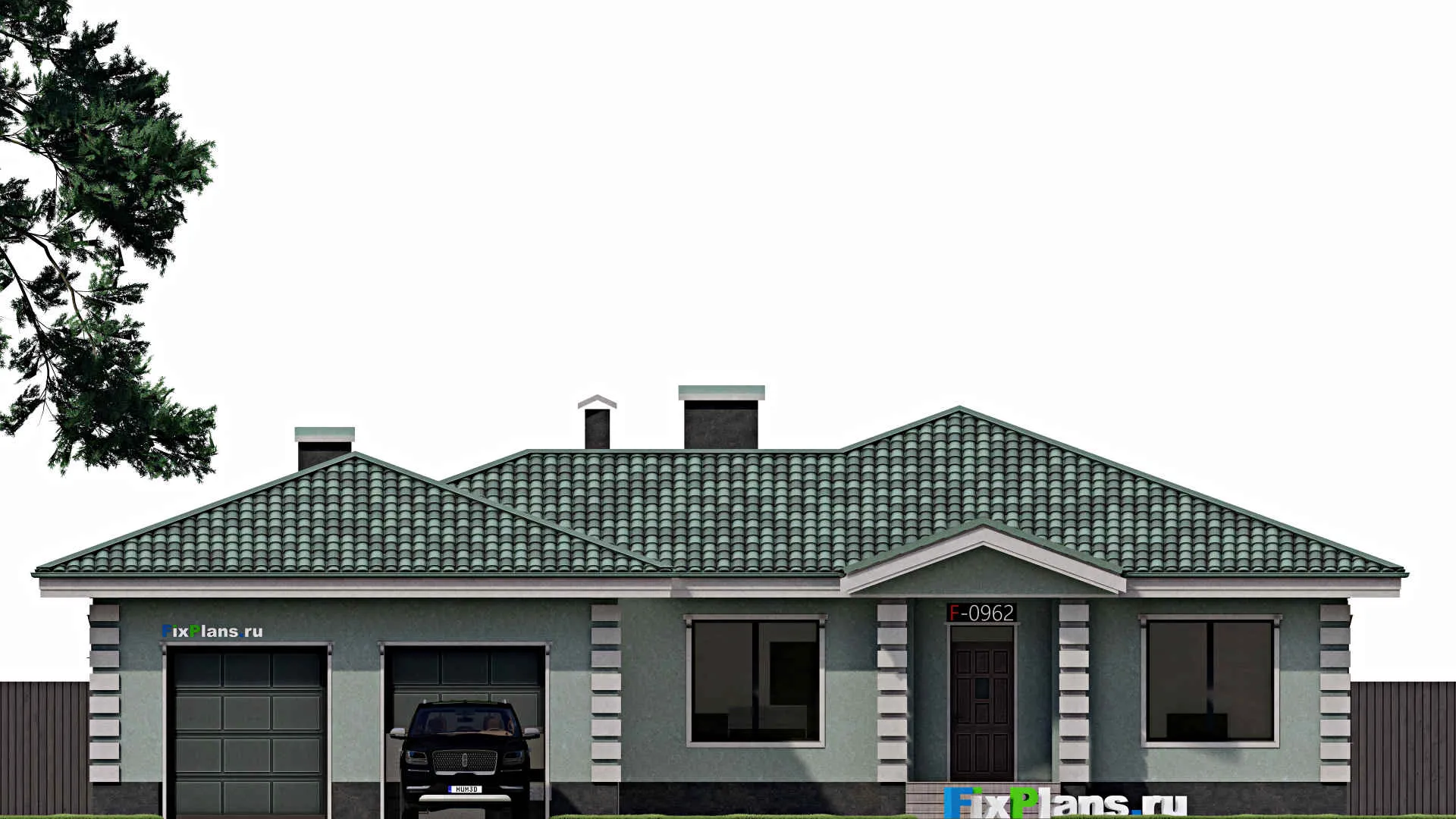 F-0962 - План одноэтажного дома 20 на 24, площадью 250 м² с террасой, гаражом на 2 машины и 3 спальнями